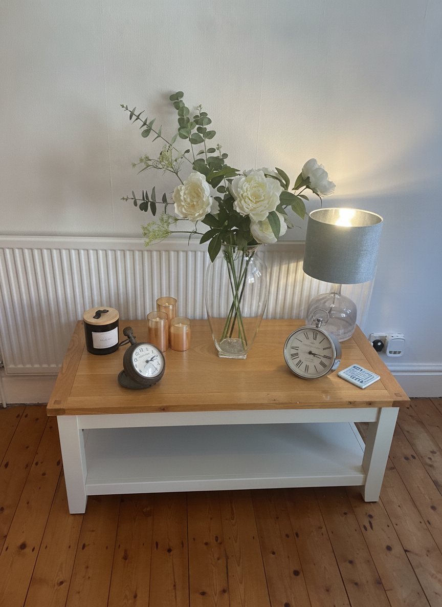 White roses and eucalyptus on a pine table in the consulting room