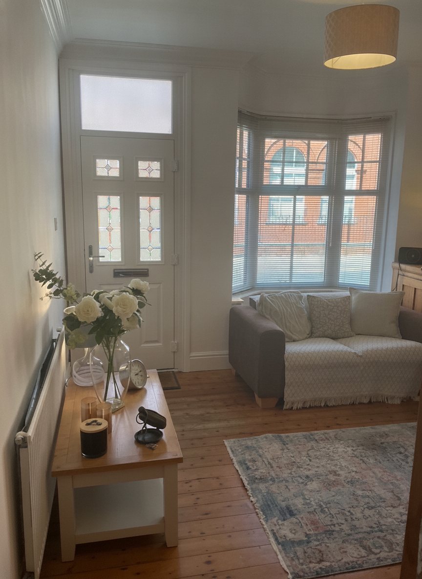 The entrance and waiting area, with fresh flowers and natural light