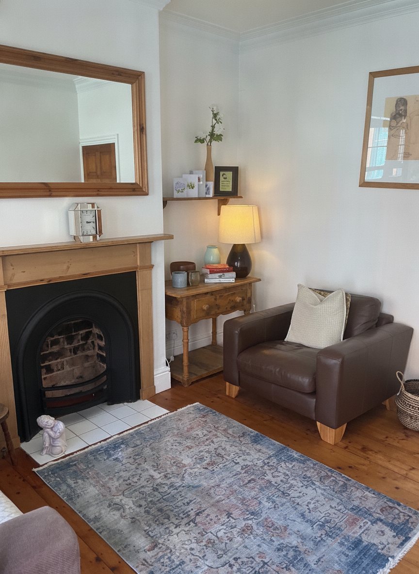 The fireplace, mirror and armchair in the consulting room